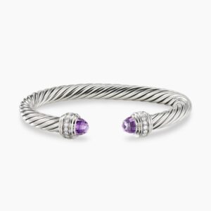 Classic Cable Bracelet Sterling Silver with Amethyst and Diamonds, 7mm
