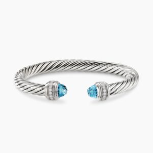 Classic Cable Bracelet Sterling Silver with Blue Topaz and Diamonds, 7mm