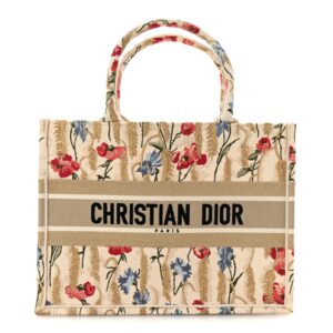 Canvas Embroidered Medium Hibiscus Book Tote Beige Multicolor