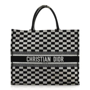 Canvas Embroidered Checkered Book Tote Black White