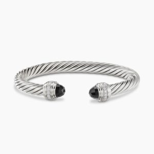 Classic Cable Bracelet Sterling Silver with Black Onyx and Diamonds, 7mm