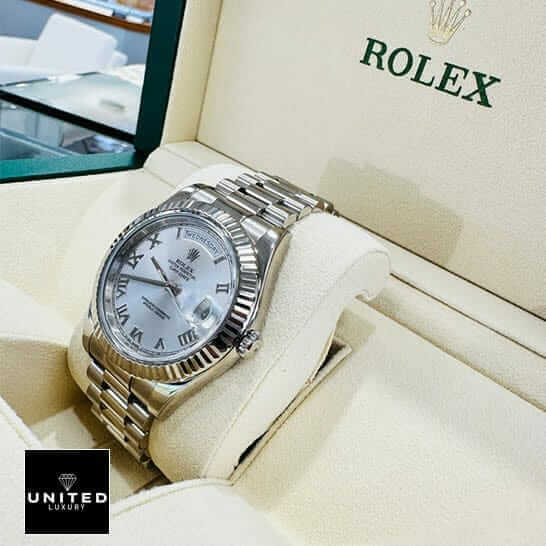 Rolex Day-Date II 218239 "Grey Roman Dial" Elite Clone Edition Rolex Rhodium 41 Replica Rolex Day-date II 218239 roman white 41 replica inside the box
