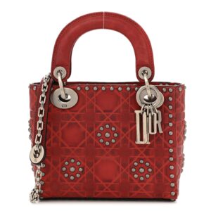 Calfskin Embossed Cannage Flower Studded Mini Lady Dior Bag Red