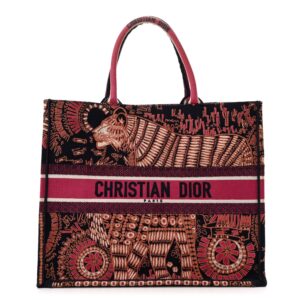 Canvas Embroidered Large Dior Animals Tiger Book Tote Deep Blue Fuchsia