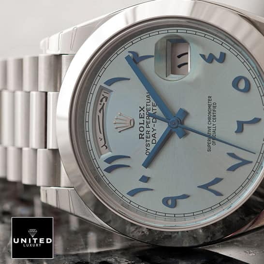Rolex Day-Date 228206 "Arabic Dial" Super Clone Edition rolex 228206 arabic dial replica 4 Rolex DayDate 40 228206 Replica Turquoise Dial & Arabic indices