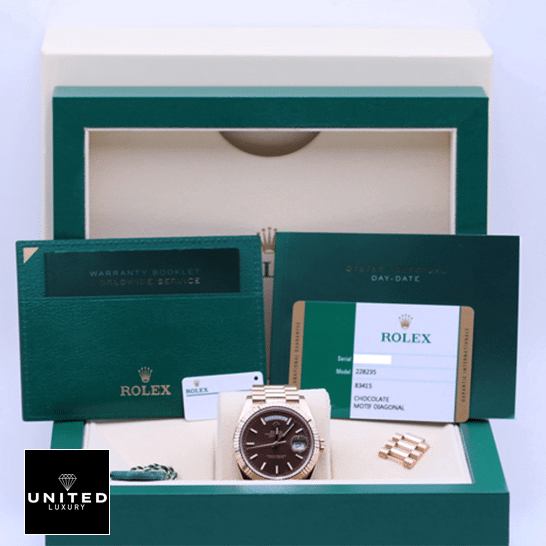 Rolex Day-Date 228235 "Chocolate Dial" Luxury Clone Quality rolex day date 40 228235 kw rose gold chocolate dial left Rolex Day-Date 228235 Chocolate Replica box and warranty card