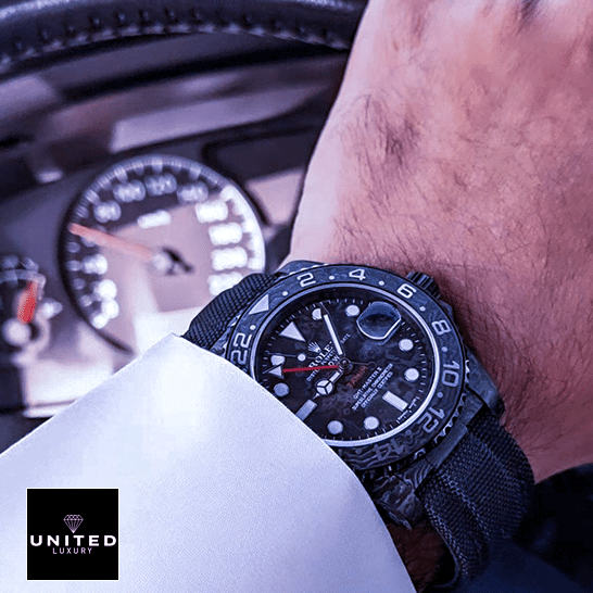 Rolex GMT Master 116610LV "DIW Carbon" Deluxe Replica Edition Rolex DiW NTPT Carbon Black Replica on his arm